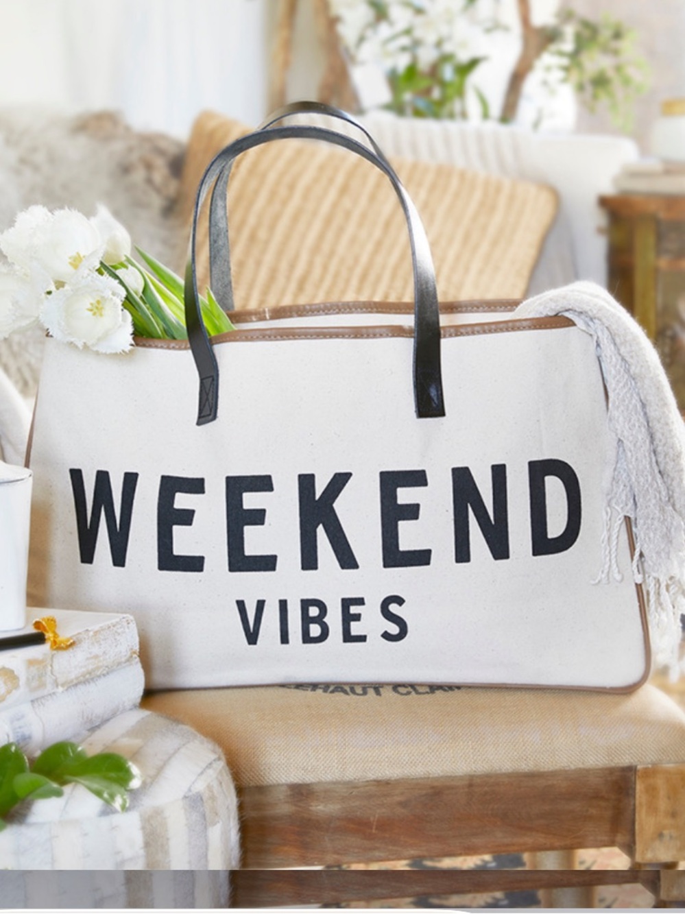 WEEKEND VIBES Canvas Tote Bag - Black & Cream